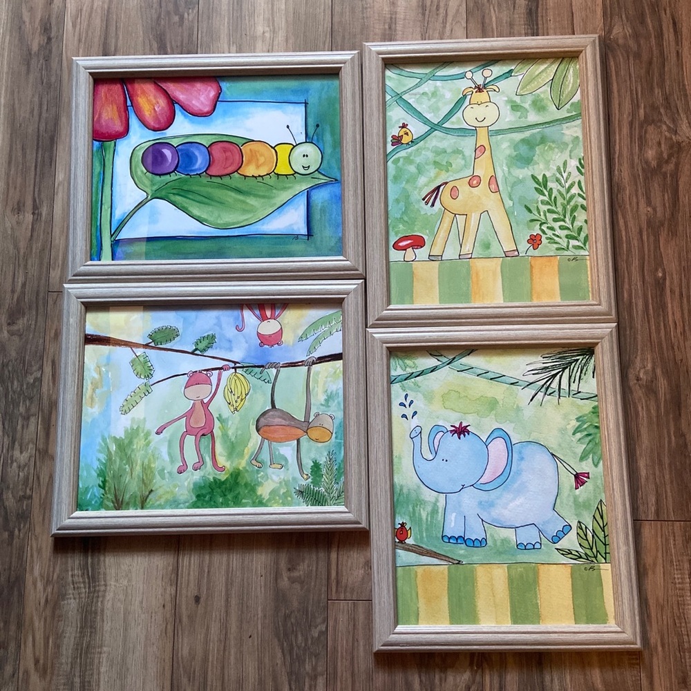 Animal Friends Cartoon Nursery Childrens Room Wall Art 4 Piece Custom Framed EUC